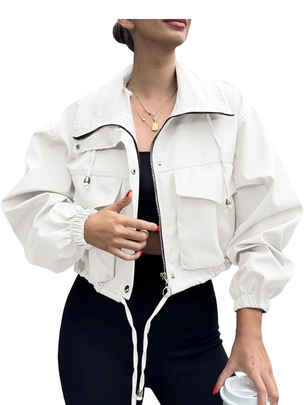 Cropped White Utility Jacket with Zip and Drawcord
